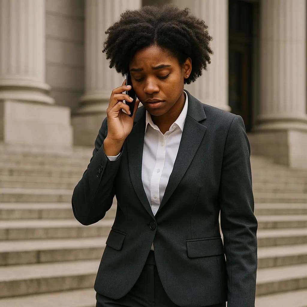 Professional woman in business suit talking on phone outside courthouse with classical columns
