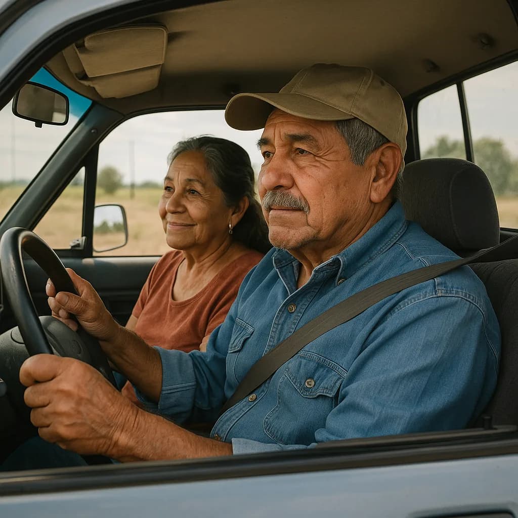 Elderly couple driving together in car through rural area, man in denim shirt and cap at wheel