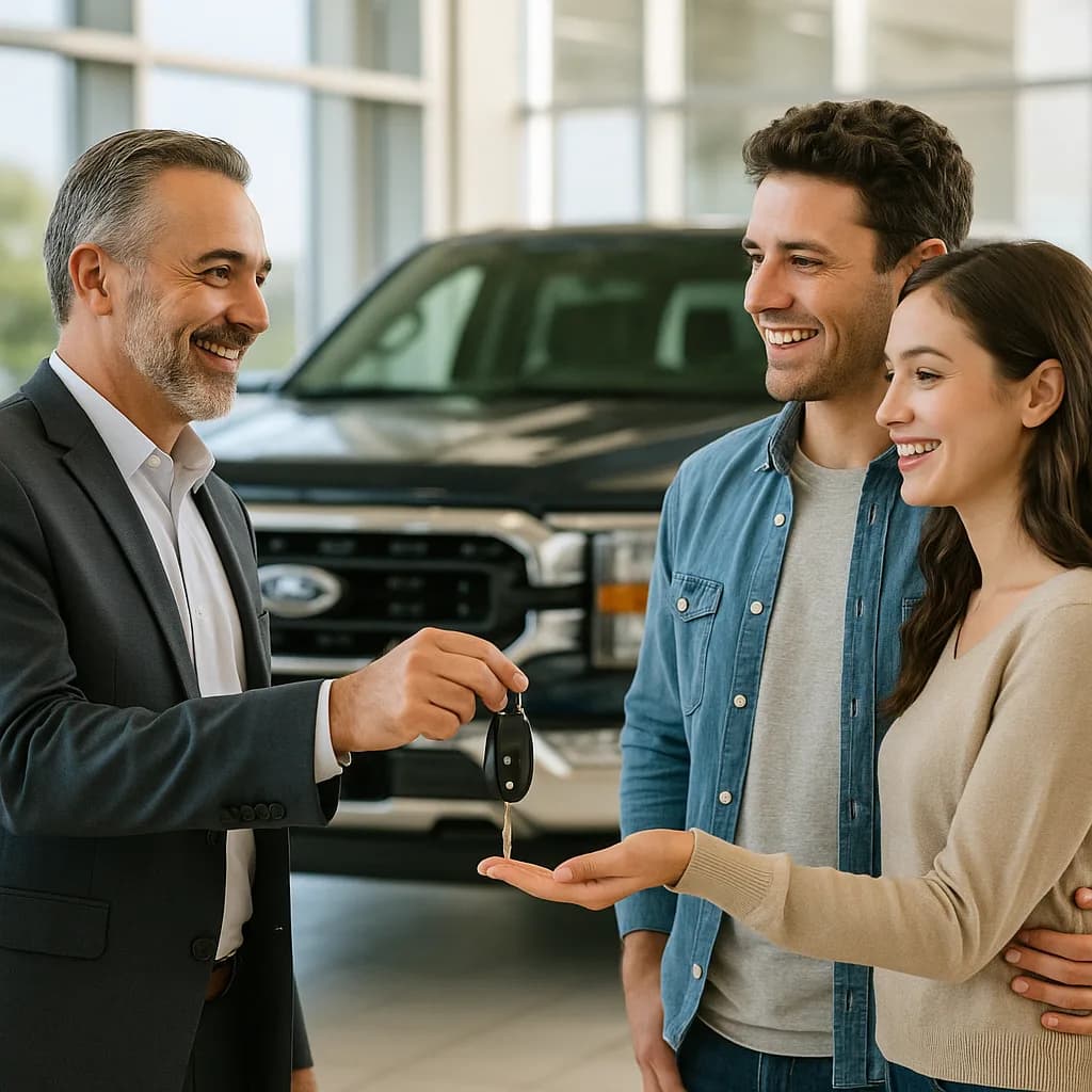 Car salesman handing keys to smiling couple at dealership with vehicle in background