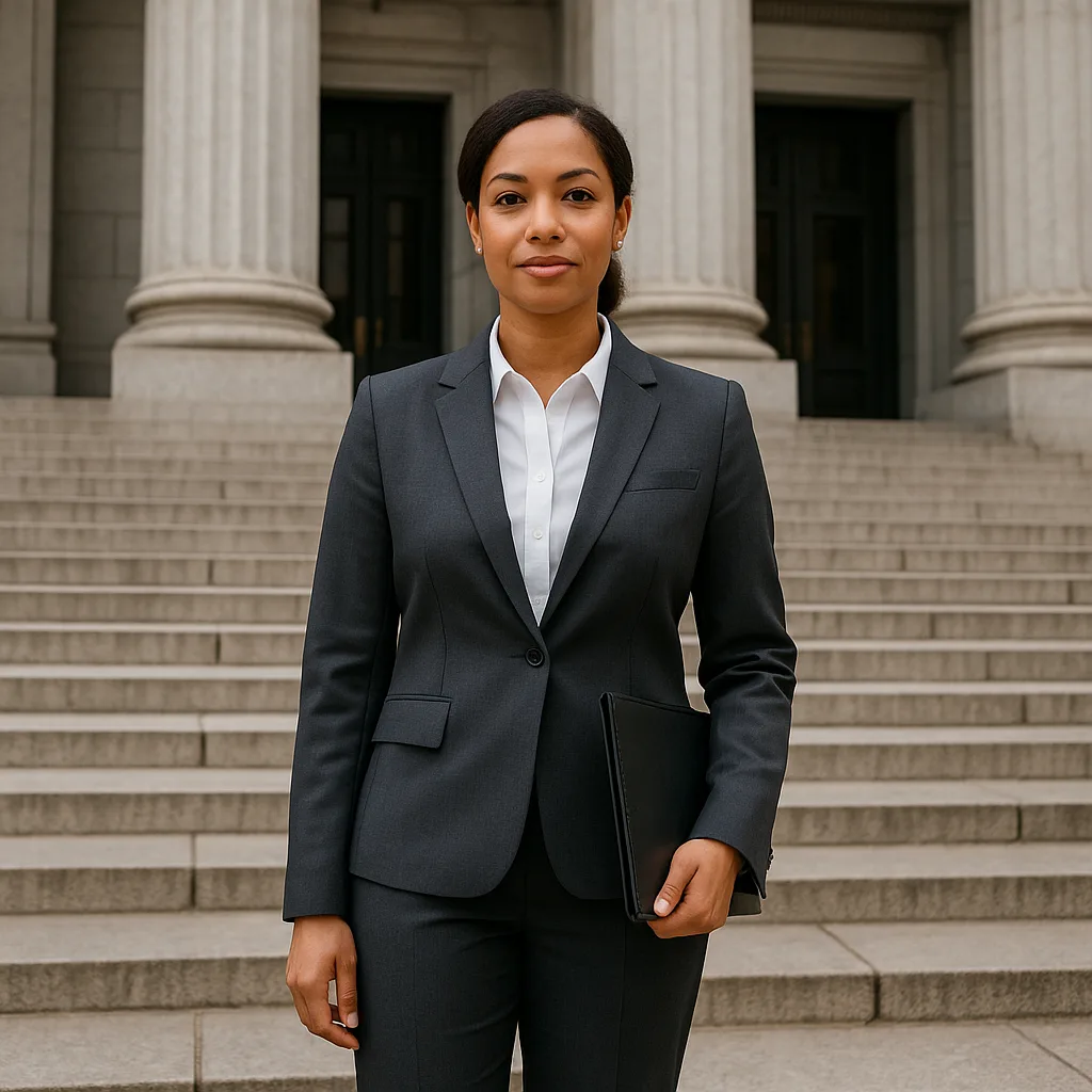 Professional woman in business suit standing on courthouse steps with classical columns