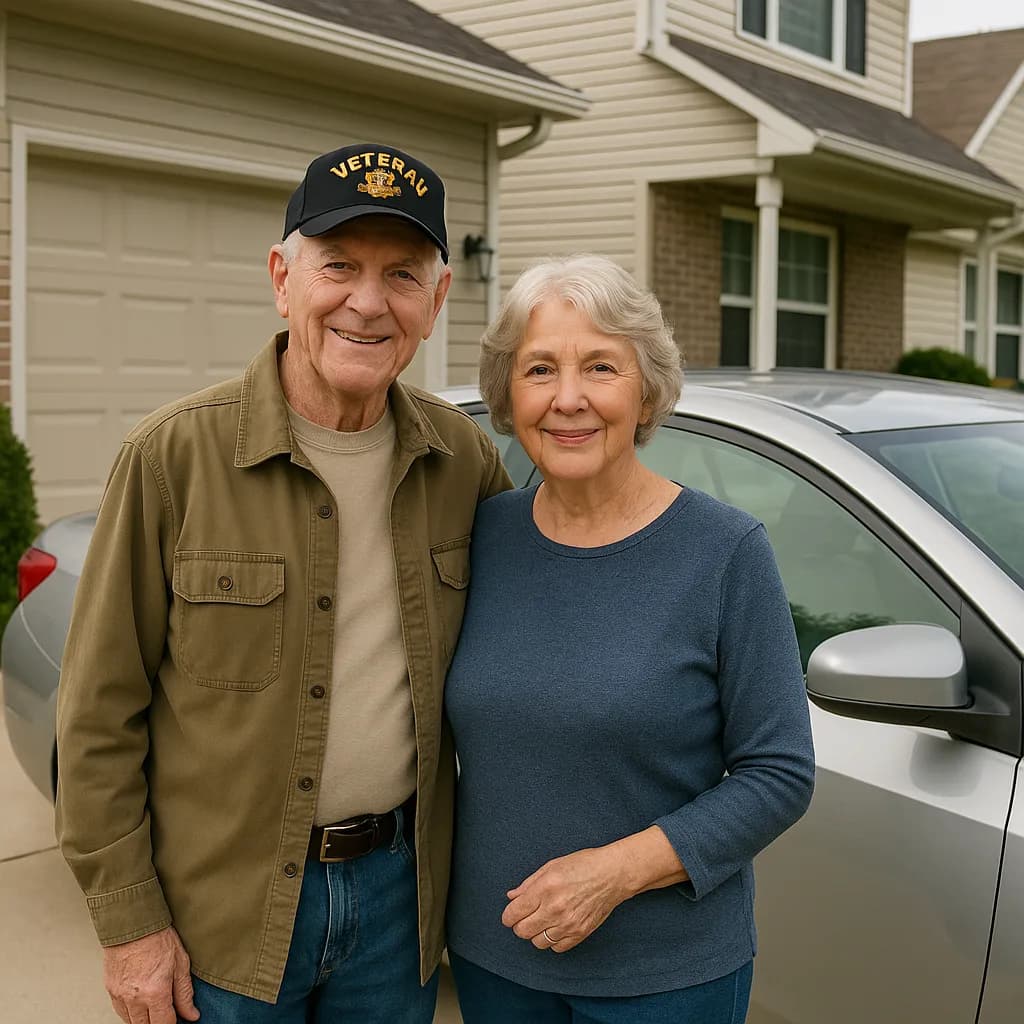 Elderly veteran couple smiling together in front of their suburban home driveway