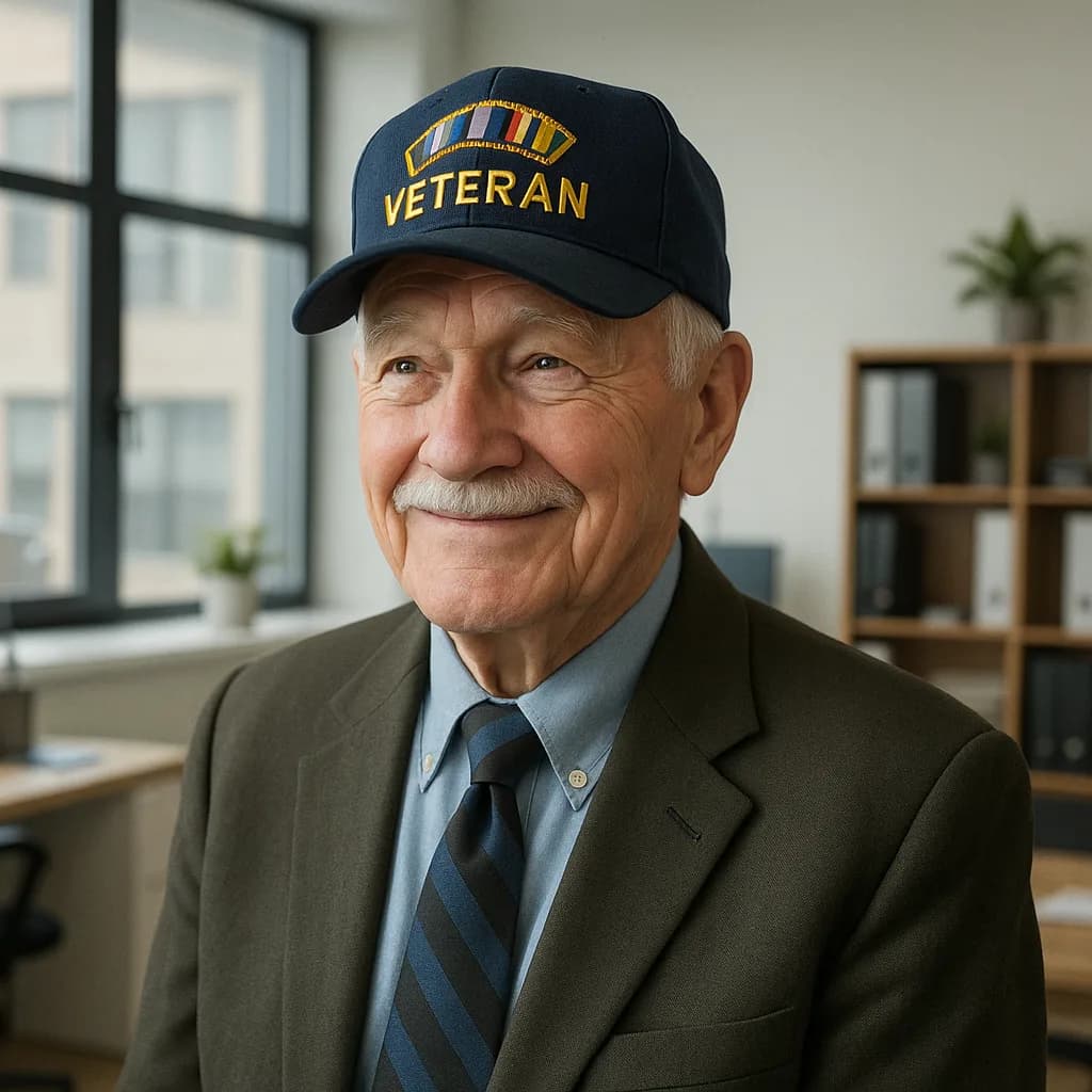 Elderly veteran in suit and veteran cap smiling in modern office setting