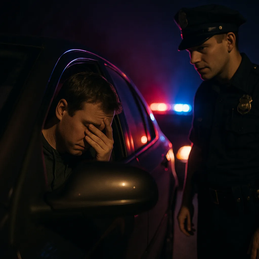 Police officer conducting nighttime traffic stop with distressed driver covering face in vehicle