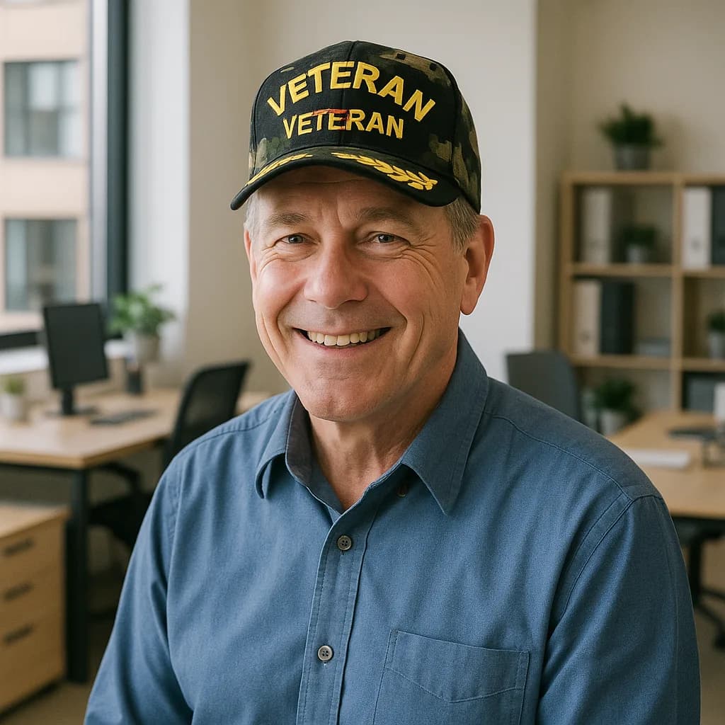 Smiling veteran wearing camouflage Veteran cap and blue shirt in modern office setting