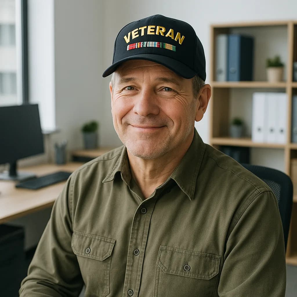 Smiling veteran wearing black cap with service ribbons and olive shirt in modern office setting