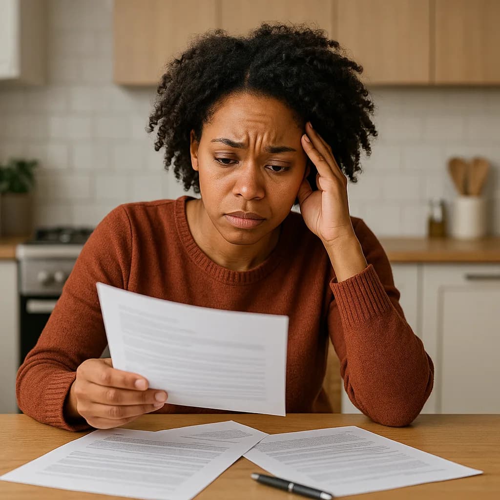 Worried woman reviewing bills and documents at kitchen table with stressed expression