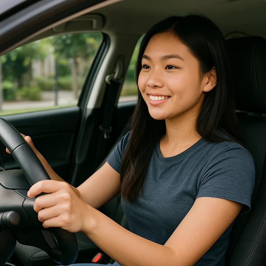 Young woman smiling while sitting in car driver's seat holding steering wheel with trees visible through window