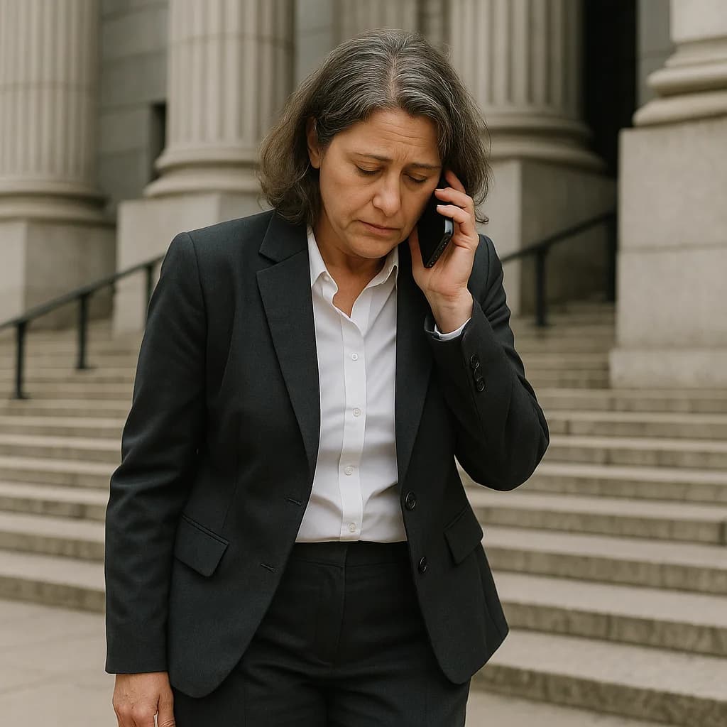 Professional woman in business suit talking on phone outside courthouse or government building with columns