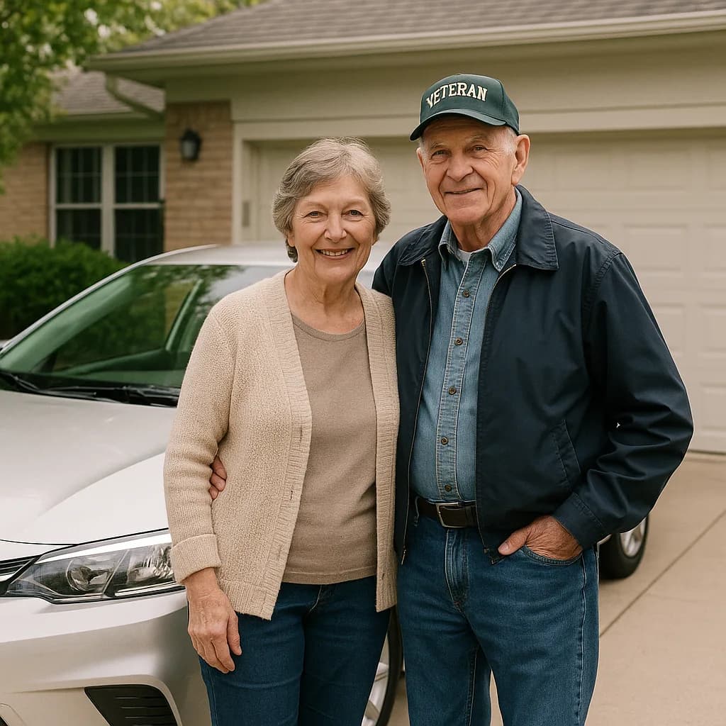 Senior couple smiling in front of their home with car in driveway, man wearing veteran cap