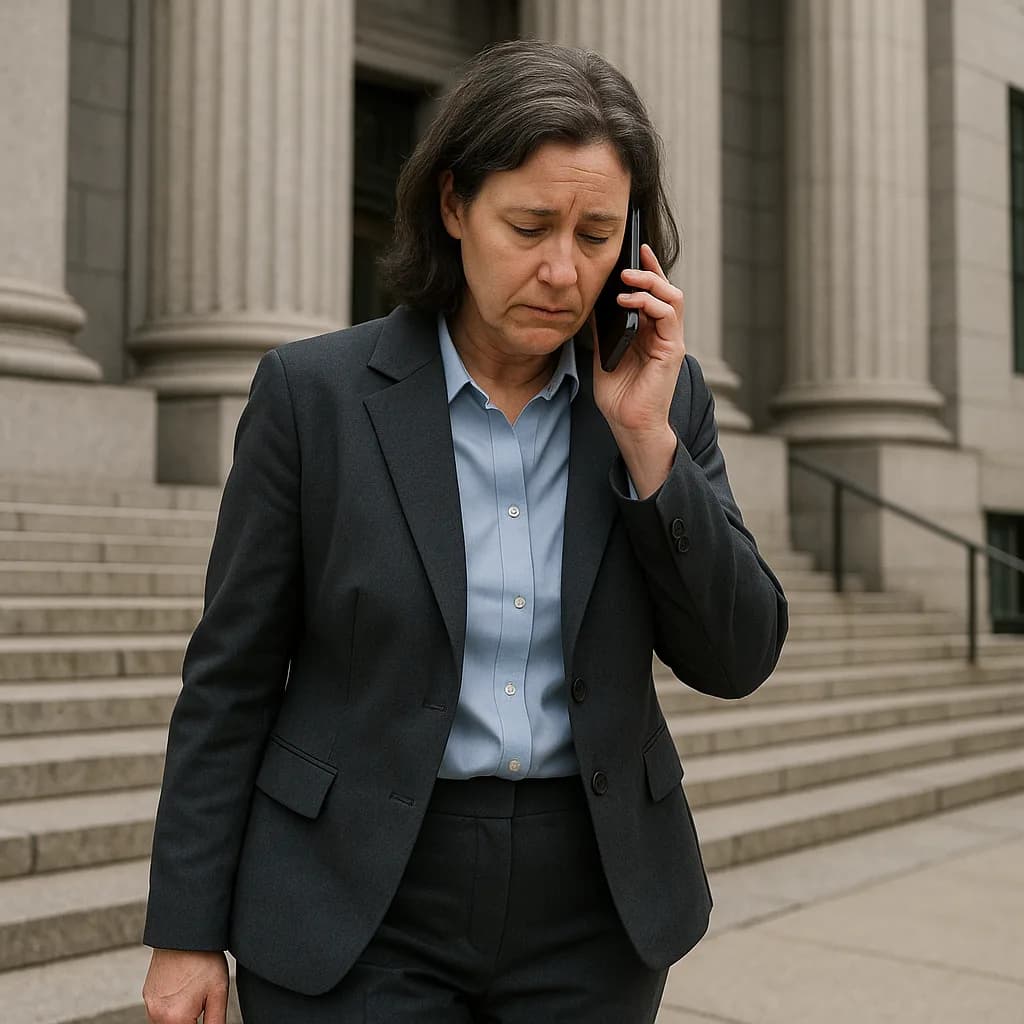 Professional woman in dark suit talking on phone outside courthouse with classical columns in background