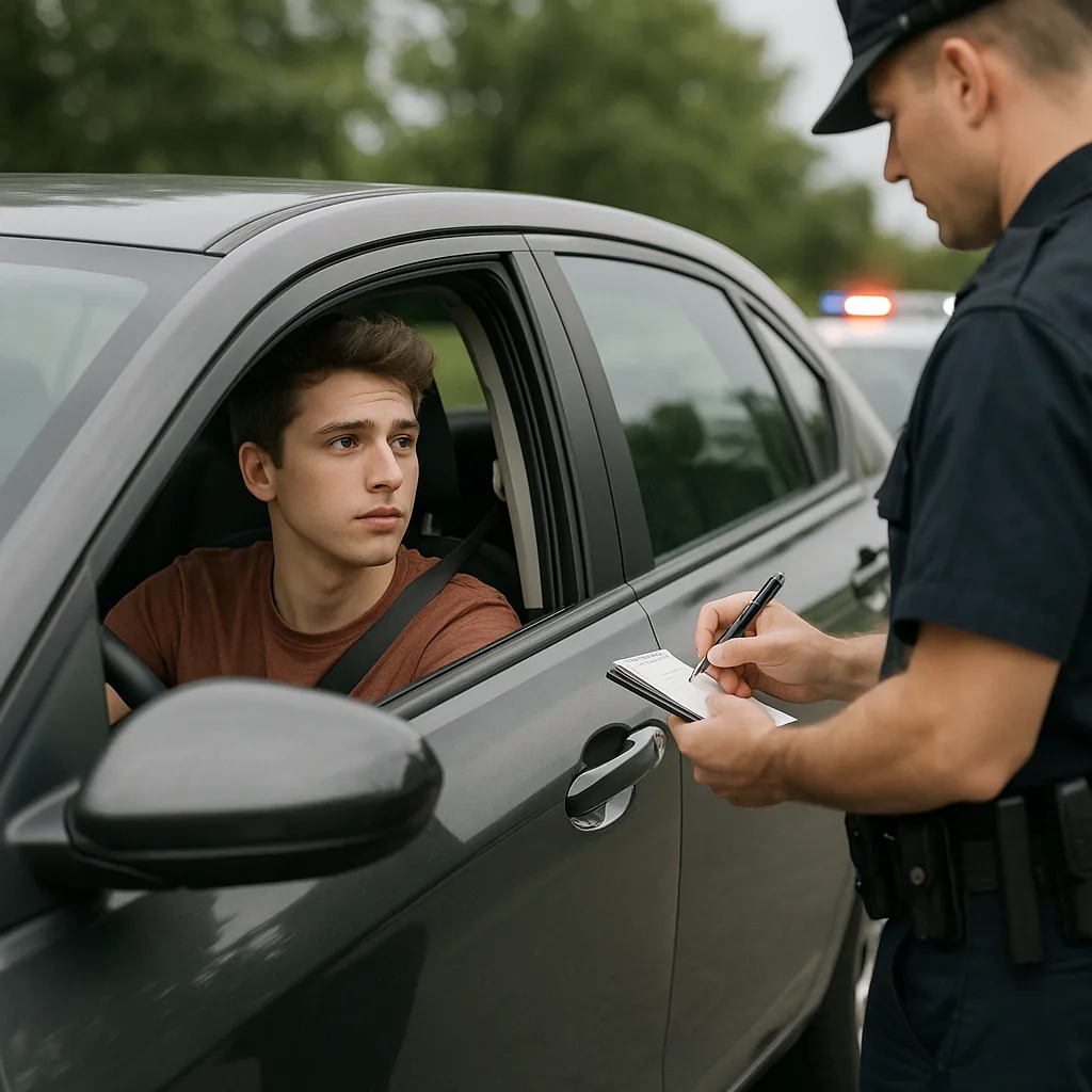 Police officer writing ticket during traffic stop with young driver in gray car