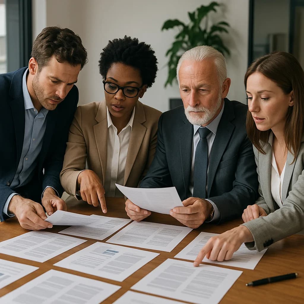 Four business professionals in suits reviewing documents together at a conference table in modern office