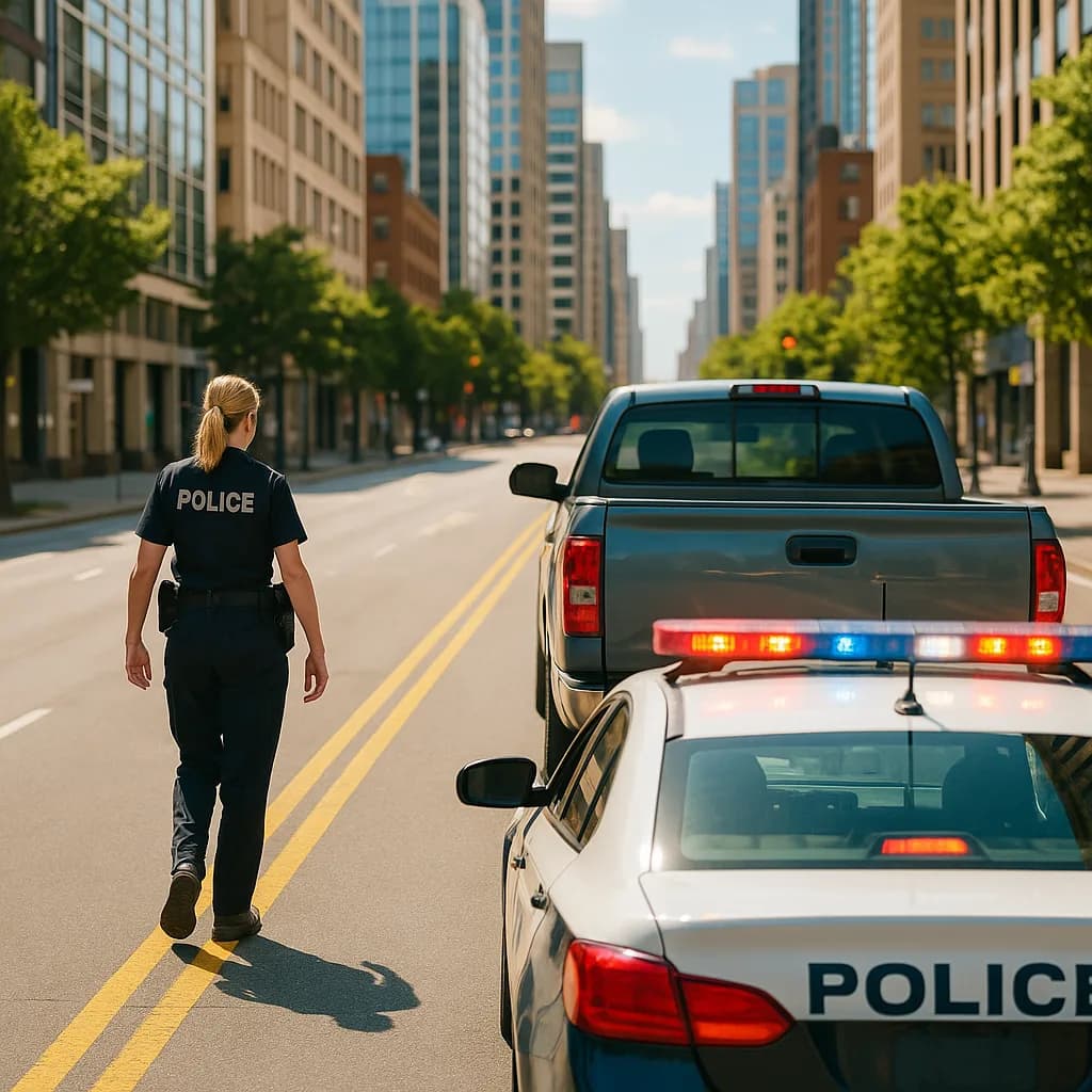 Police officer walking past patrol car during traffic stop on urban street with skyscrapers