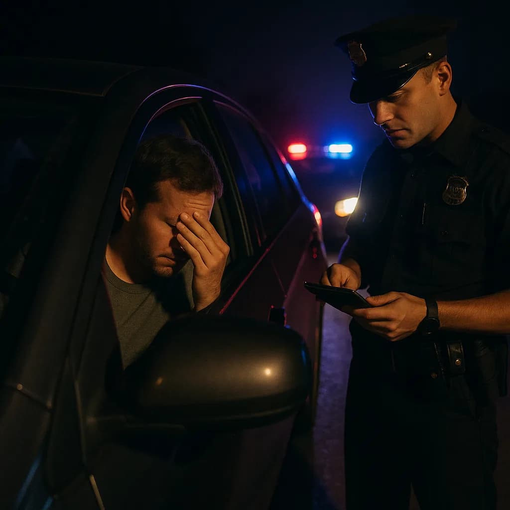 Police officer conducting nighttime traffic stop with distressed driver covering face in vehicle
